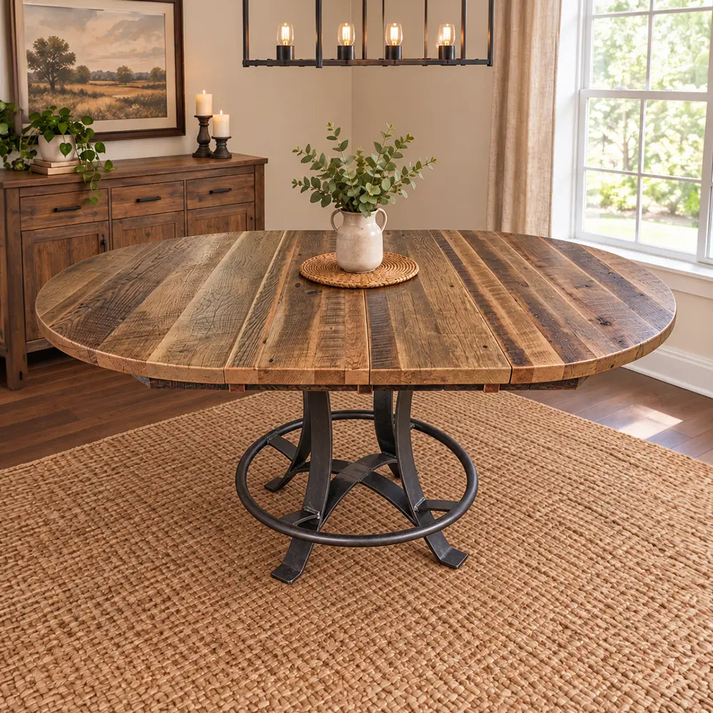Sierra Round Barnwood counter height table with a dark metal pedestal base on a woven rug.
