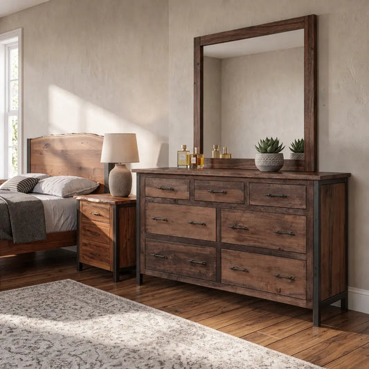 Silverton 7-drawer rustic metal dresser with brown maple drawers and a matching rectangular mirror.