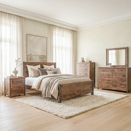 Silverton Solid Wood Bed Frame with metal-trimmed headboard and footboard in a bedroom.