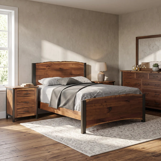 Silverton Live Edge Solid Walnut Wood Bed Frame in Bedroom with Rug