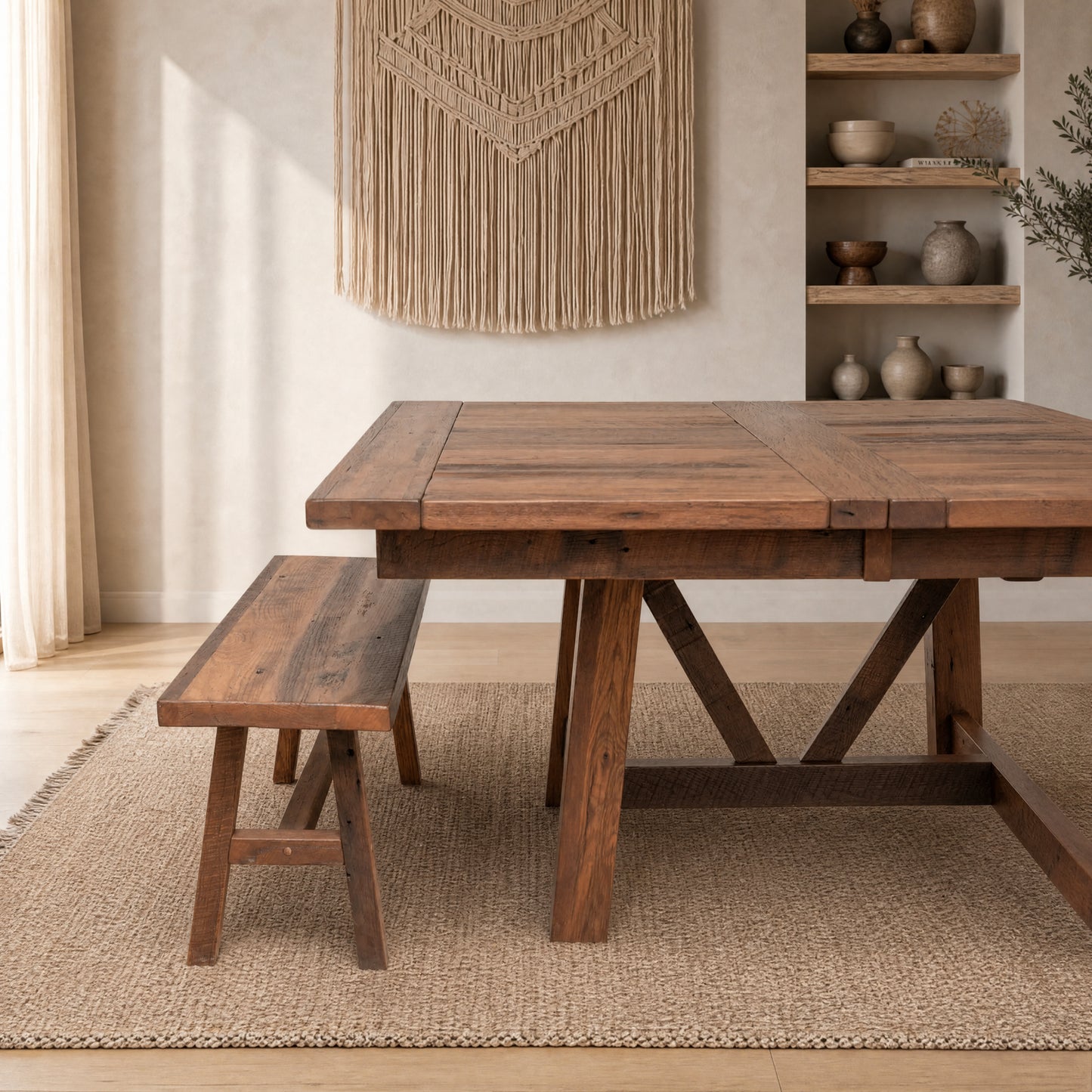 Square oak dining table and bench on rug; shelves with pottery, plant, macrame, sunlight filters in.