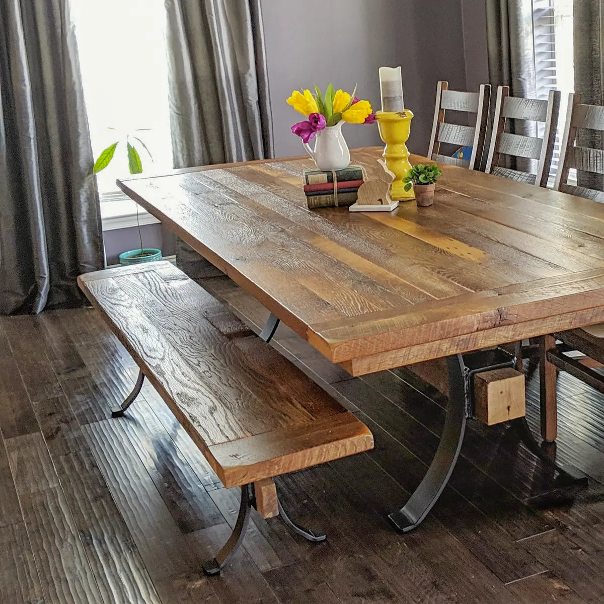 Staged Reclaimed Wood Dining Bench and Table