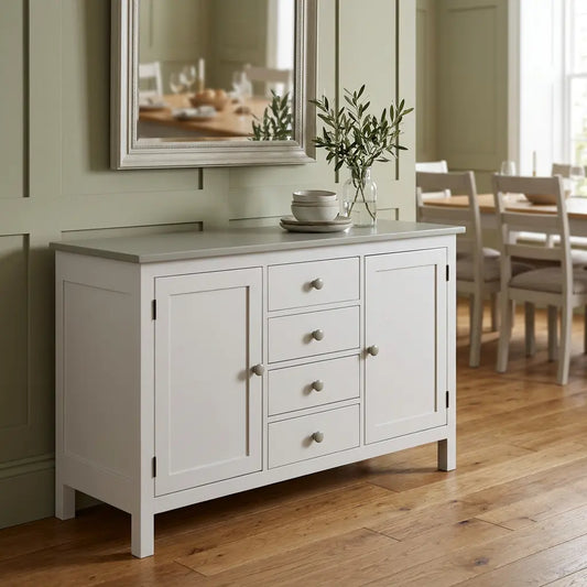 White wood buffet with drawers and cabinets, mirror above, chairs and table in background.