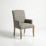 Upholstered Arm Dining Chair with Plaid Fabric and Wood Legs