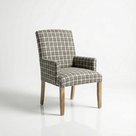 Upholstered Arm Dining Chair with Plaid Fabric and Wood Legs