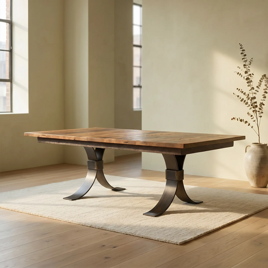 Wood dining table with steel base on rug in bright room, vase with branches nearby on floor.