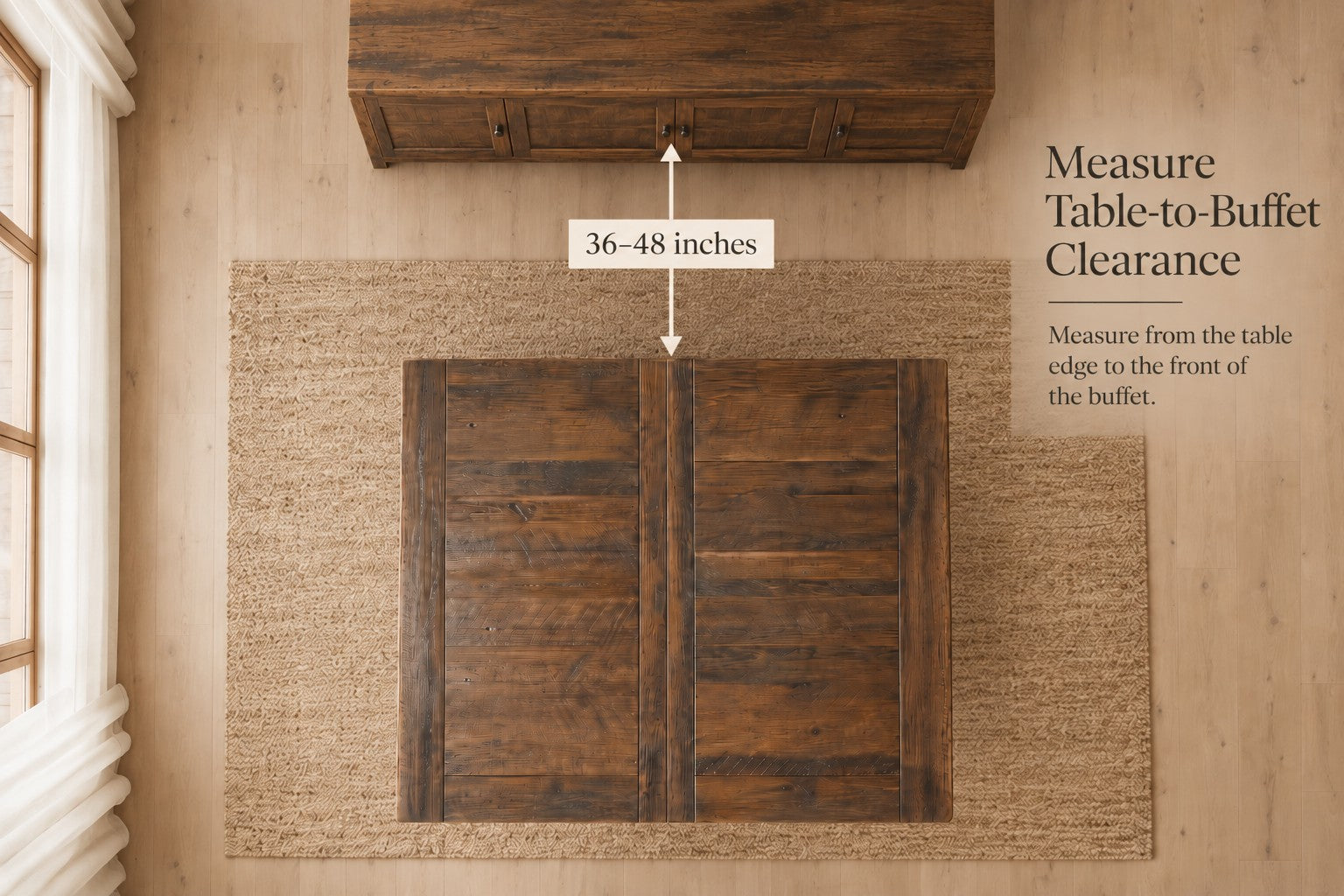 Measuring 36–48 inches of clearance from a reclaimed wood dining table to the front of the buffet