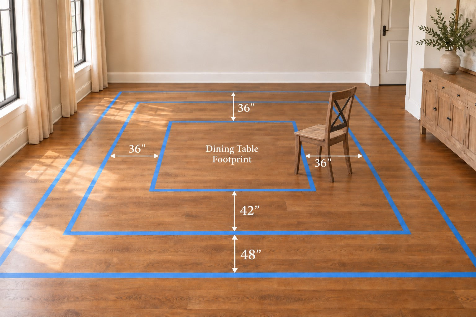 Painter’s tape marking a dining table footprint with 36, 42, and 48 inch clearance lines