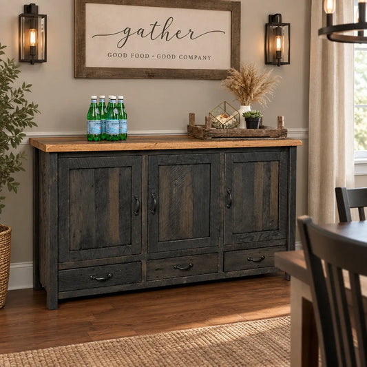 Gray buffet with green bottles, tray, “gather” sign, wall sconces, plant, and adjustable shelves.