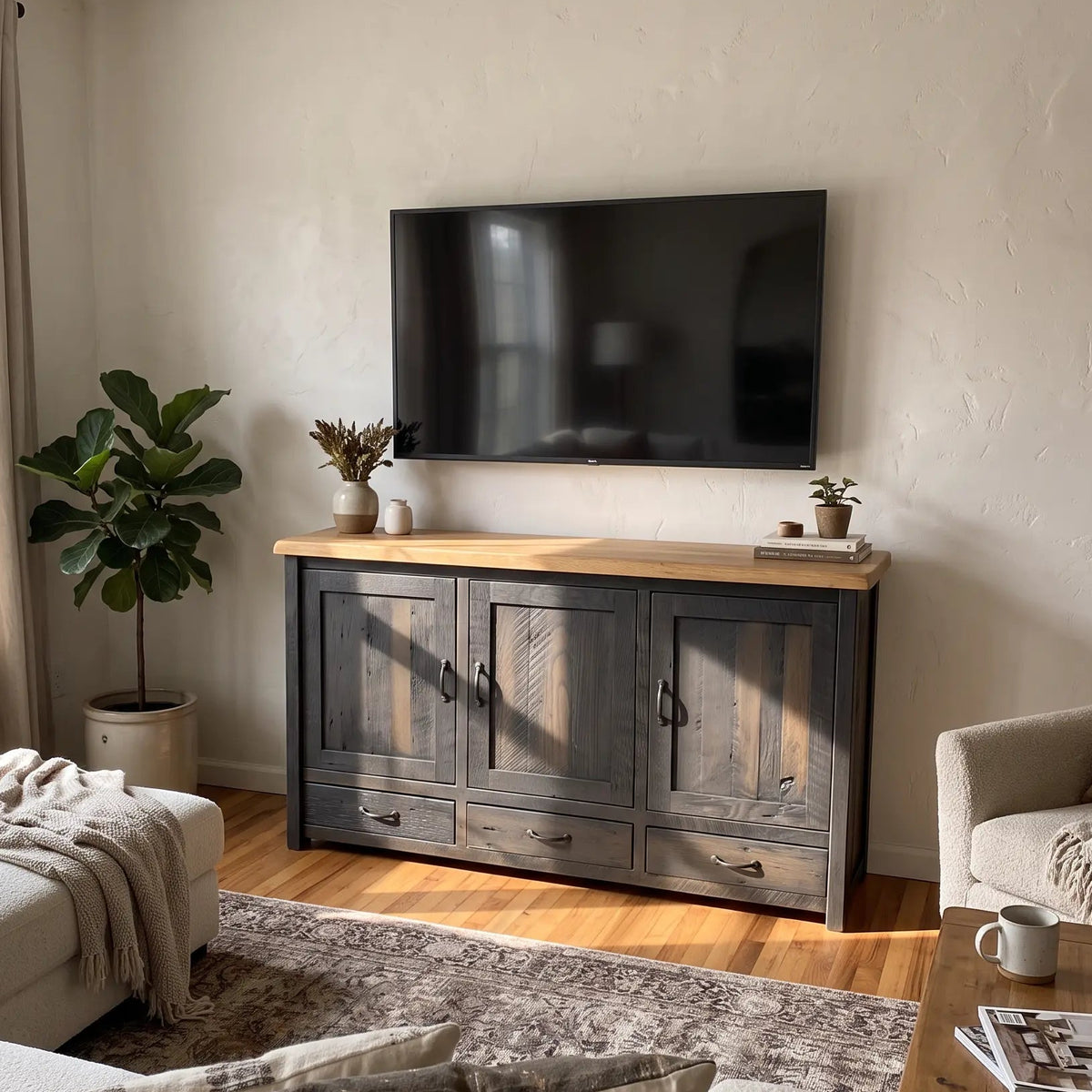 Thayne Rustic Distressed Gray Entertainment Center, Reclaimed Wood, Farmhouse Style, in Living Room