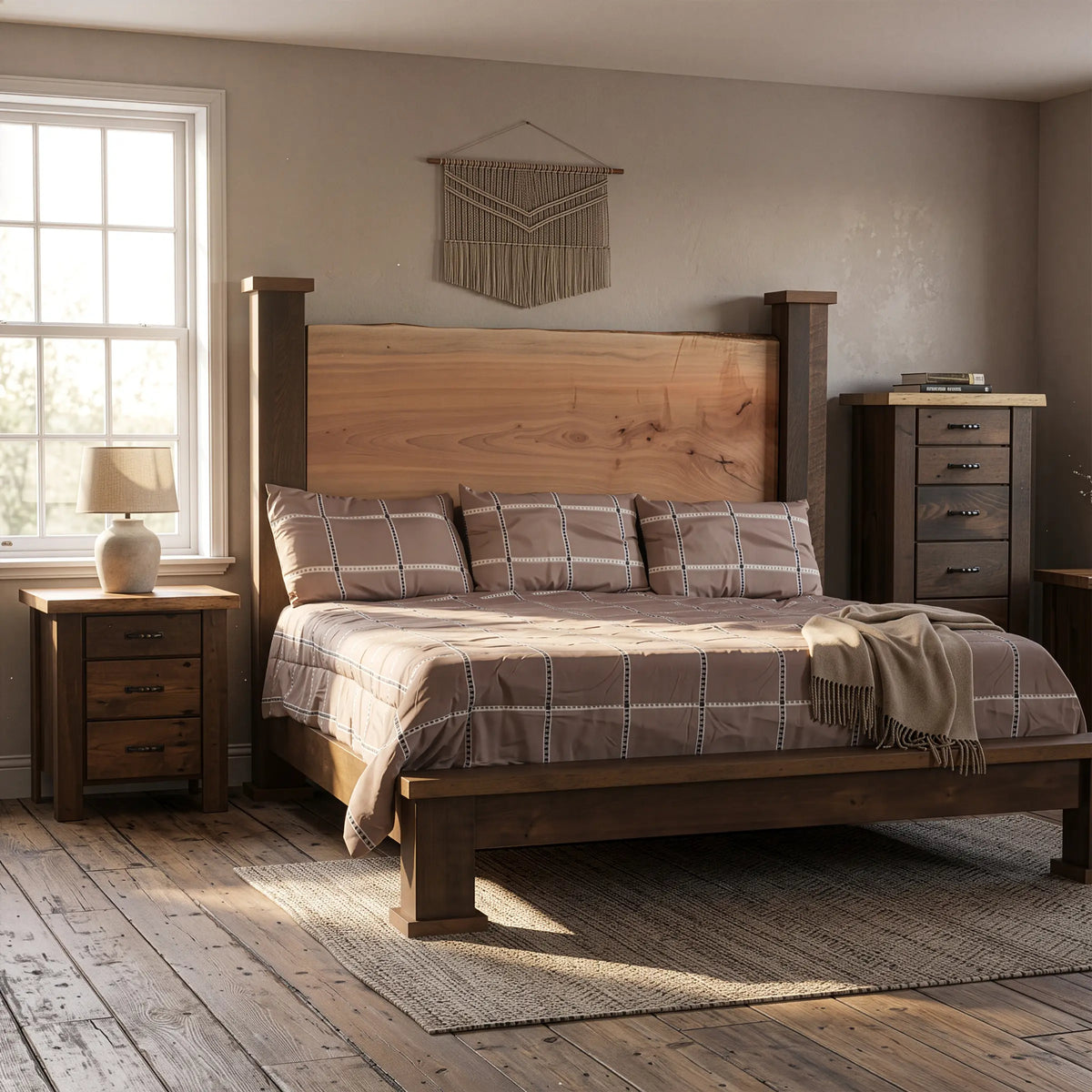 Toryn Live Edge Bed Frame with a large headboard and brown and white plaid comforter.