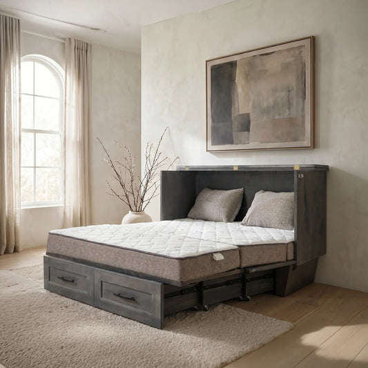 Modern bedroom with Ashford Tri-Fold Dresser Bed, underbed drawers, art, window, and decor.