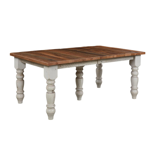 Rectangular farmhouse table with whitewashed turned legs on a white background.