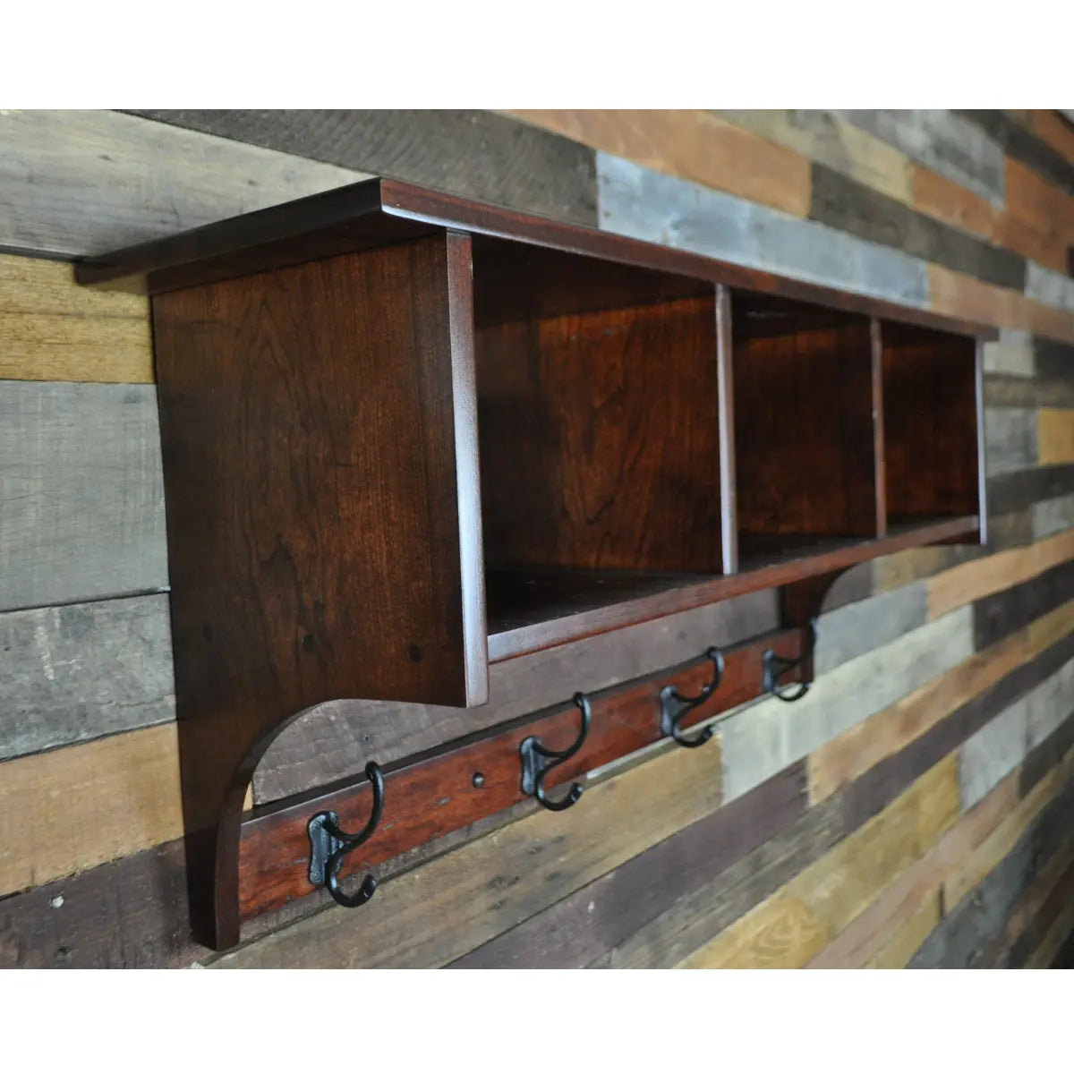 Wall Mounted Coat Rack with Cubbies, Cherry Wood, Cherry Stain