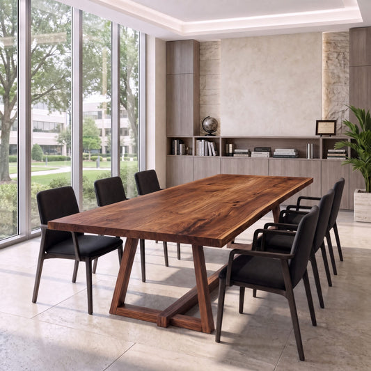 Walnut live edge conference table with angled trestle base and six black office armchairs.