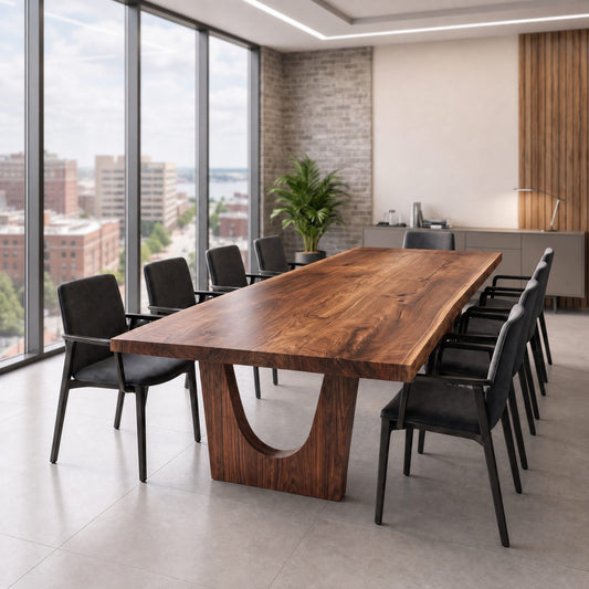 Walnut live edge conference table with arch base and eight chairs in a modern office.