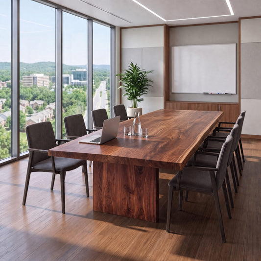 Walnut live edge conference table with a slab base and six armchairs in a meeting room.