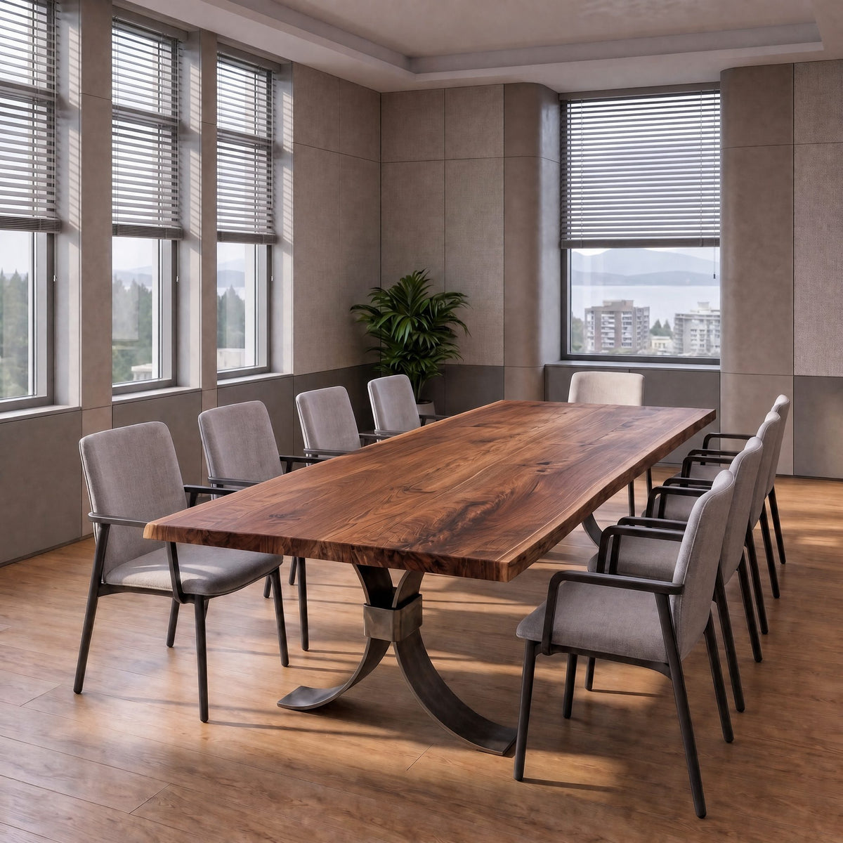 Walnut live edge conference table with a twisted knuckle base and eight gray chairs.