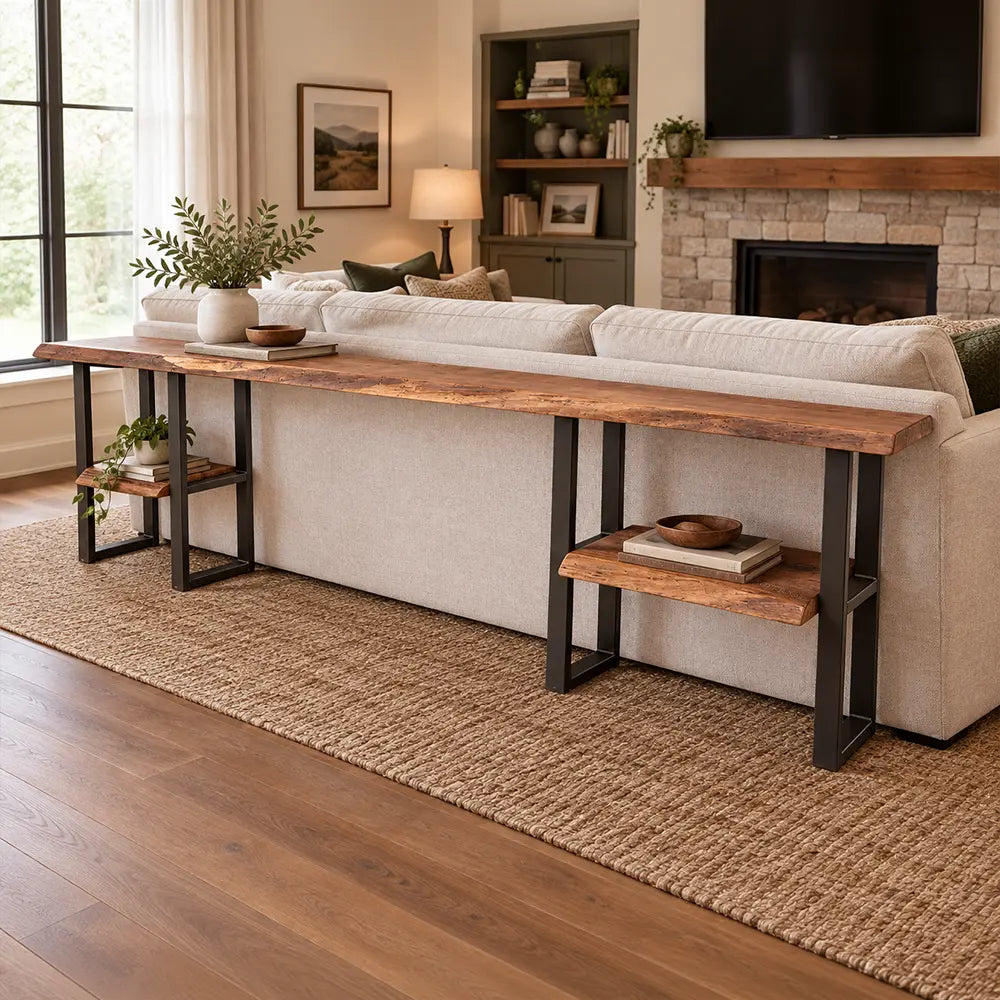 Narrow live edge sofa table with two shelves, positioned behind a beige sofa.