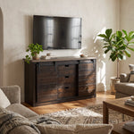 Wexway Black Dark Wood Farmhouse Entertainment Center in Living Room with TV