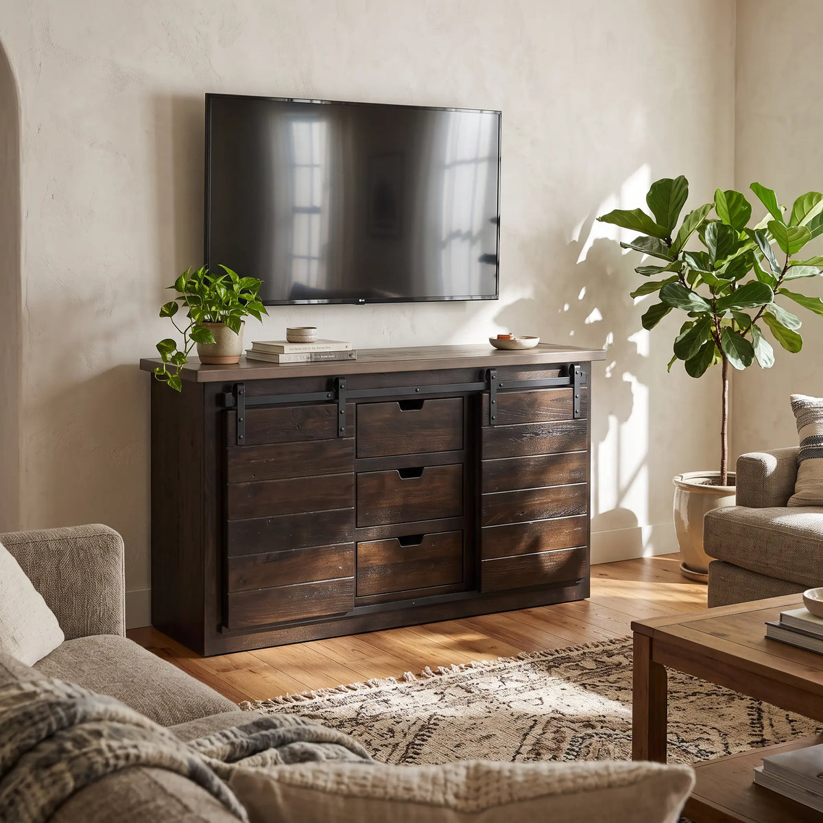 Wexway Black Dark Wood Farmhouse Entertainment Center in Living Room with TV