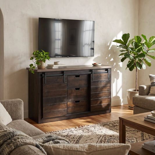 Wexway Black Dark Wood Farmhouse Entertainment Center in Living Room with TV