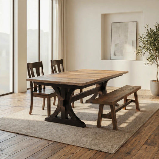Wexway Barnwood Dining Table, Short Plank, Ebony Base with Caroline Chairs and Barnwood Bench