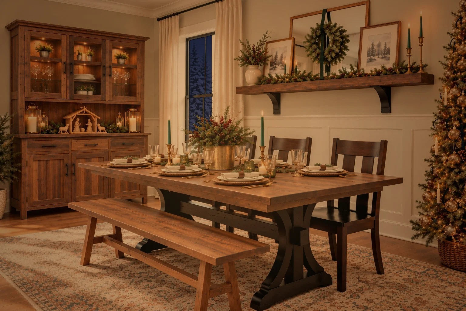 Christmas dining room on the Wexway table with hutch, bench, and warm holiday lighting