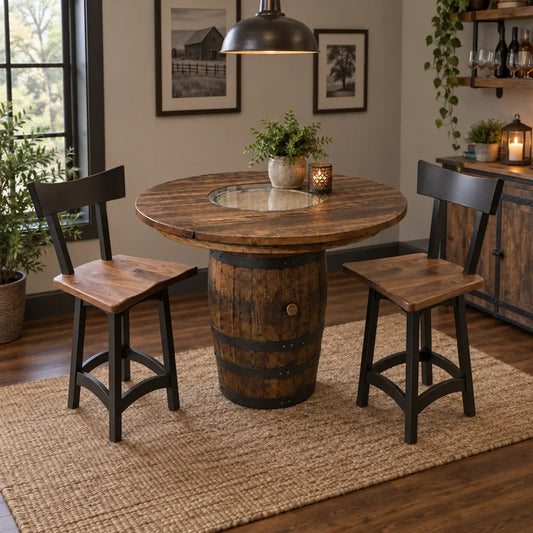 Round whiskey barrel dining table with glass insert and two matching high-back chairs in provincial.