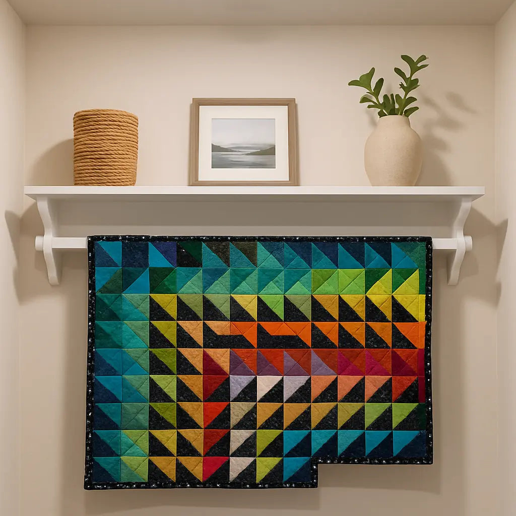white quilt hanger rack with shelf 