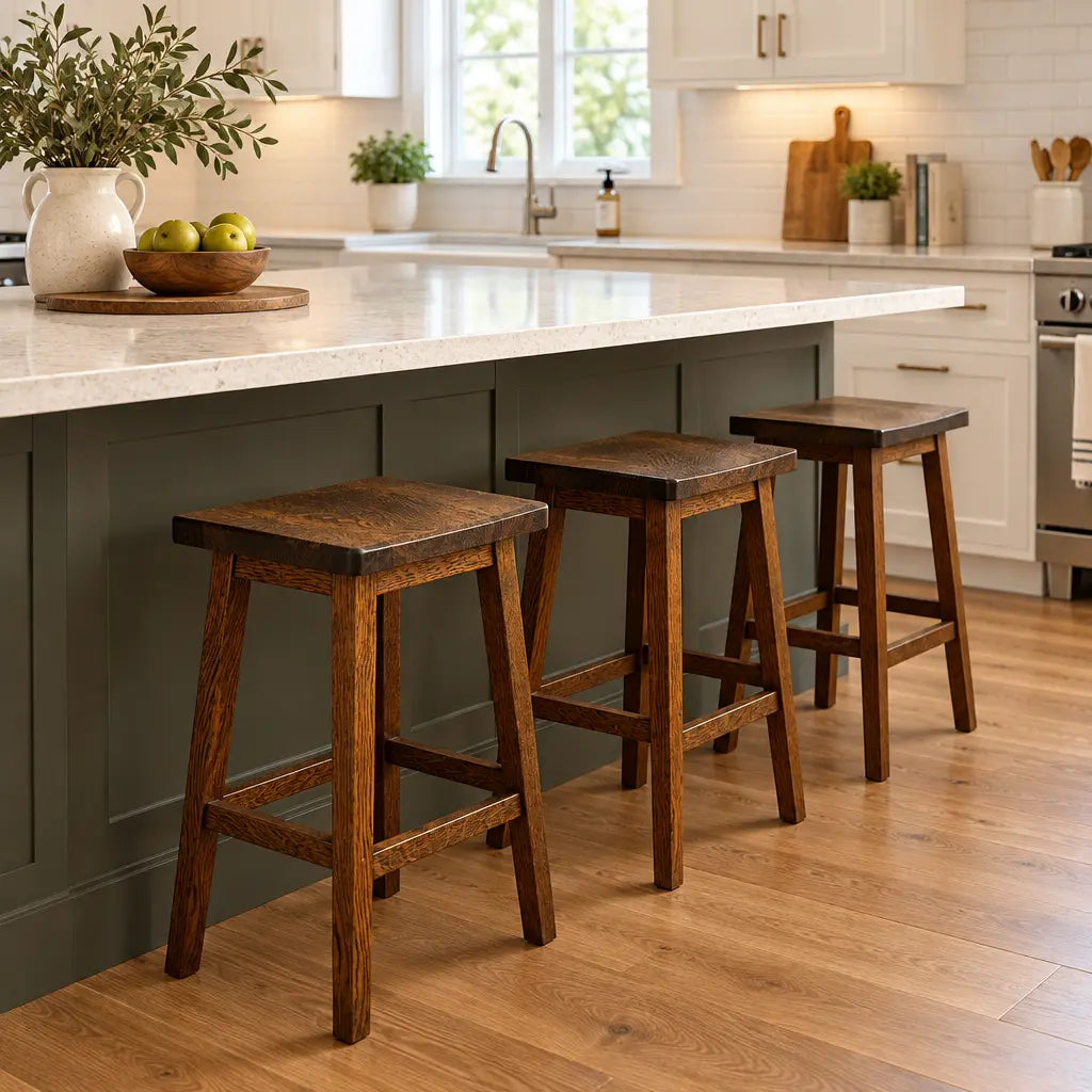 Three wooden Mission style bar stools in a kitchen against a gray island.