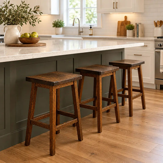 Three wooden Mission style bar stools in a kitchen against a gray island.