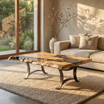 live edge wormy maple coffee table with epoxy in neutral living room