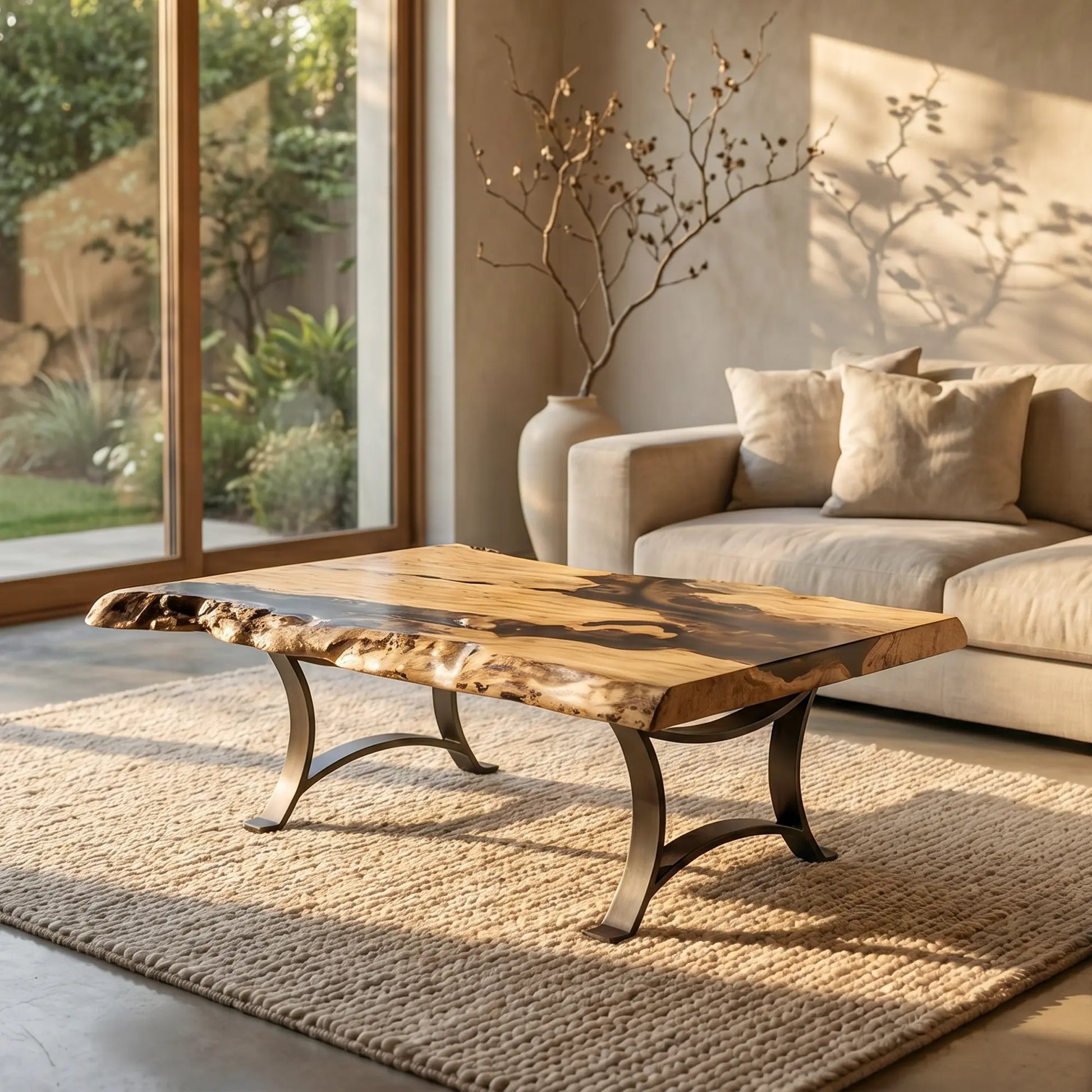 live edge wormy maple coffee table with epoxy in neutral living room