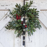 4 Chrome Plated Sleigh Bells on Black Leather on Wreath