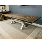 rustic extendable reclaimed wood top dining table white x base
