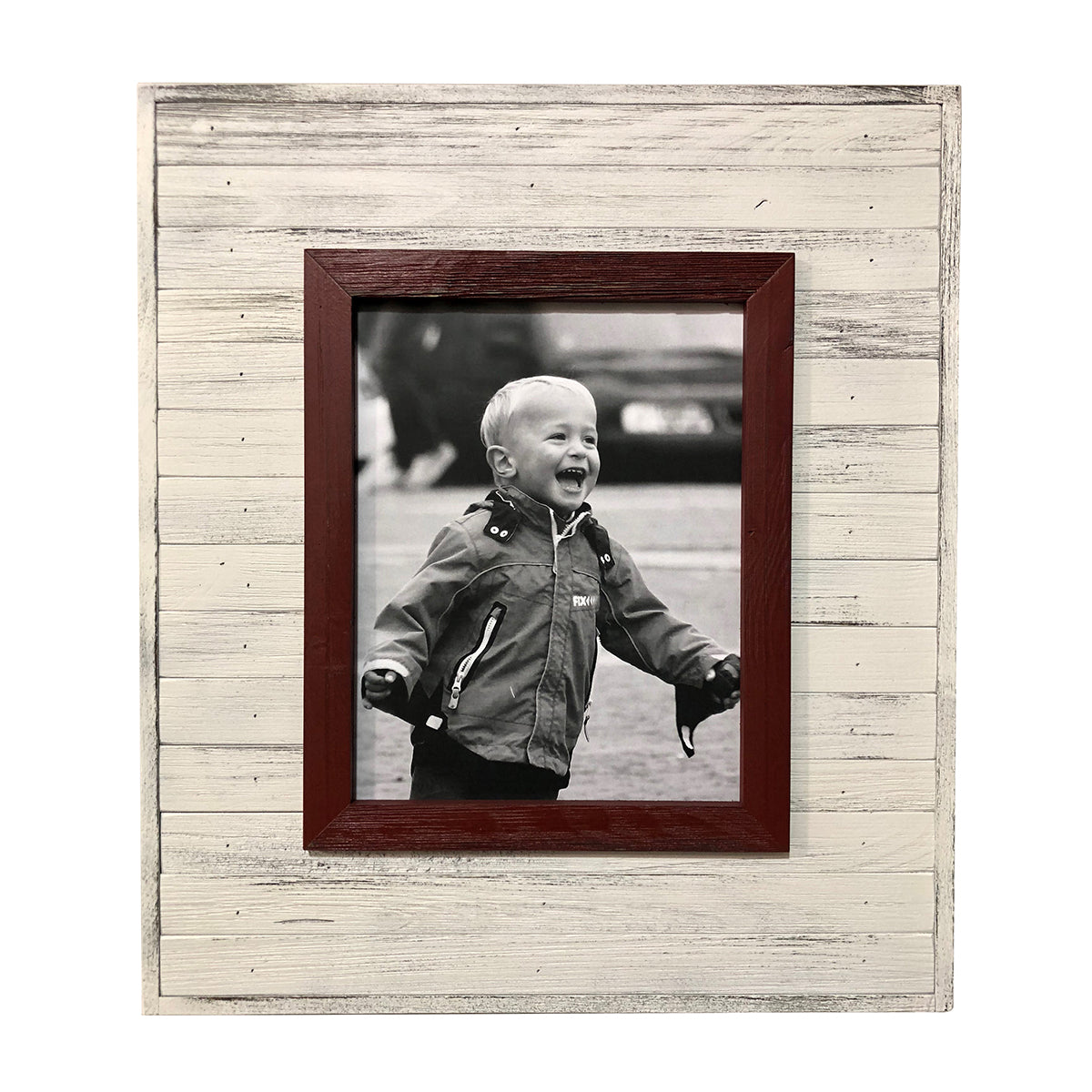 Raised Frame on Reclaimed Wood, Barn Red on White Paint, 25" x 22" - Rustic Red Door Co.