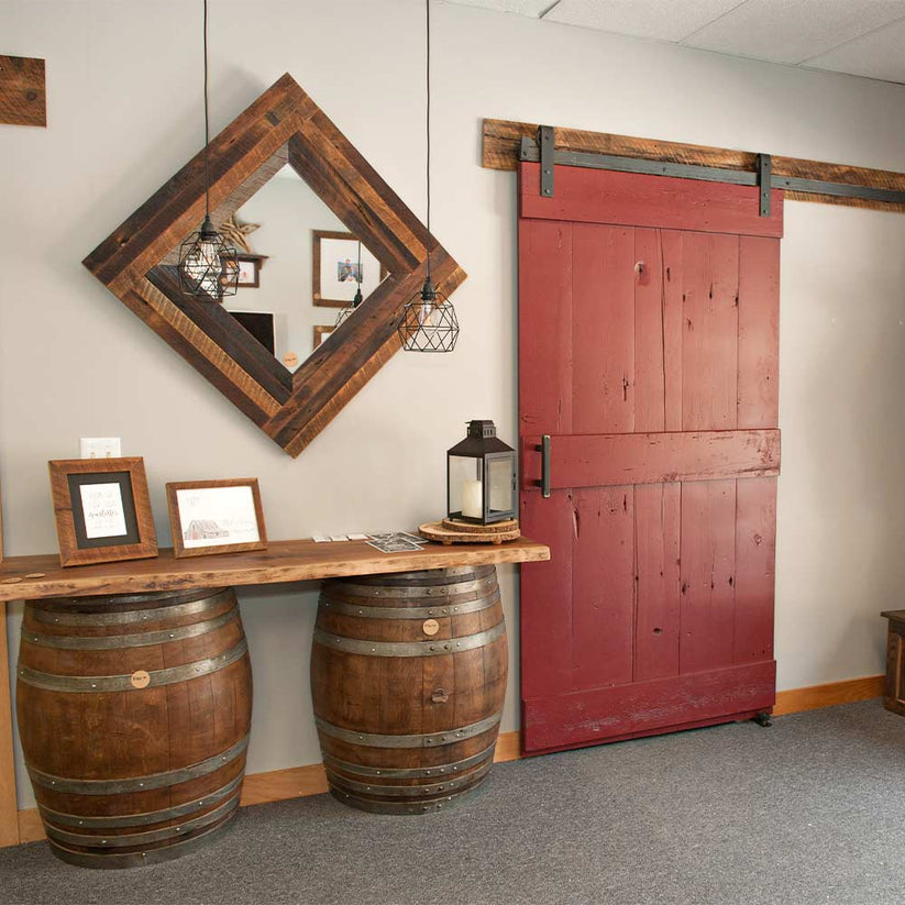 Square Planked Barnwood Framed Mirror | Rustic Red Door