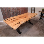 custom live edge maple dining table with turnbuckle steel base