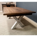Side of farmhouse dining table wood top distressed white base