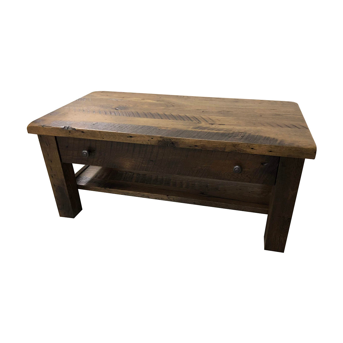 Reclaimed wood coffee table with drawers, murky finish