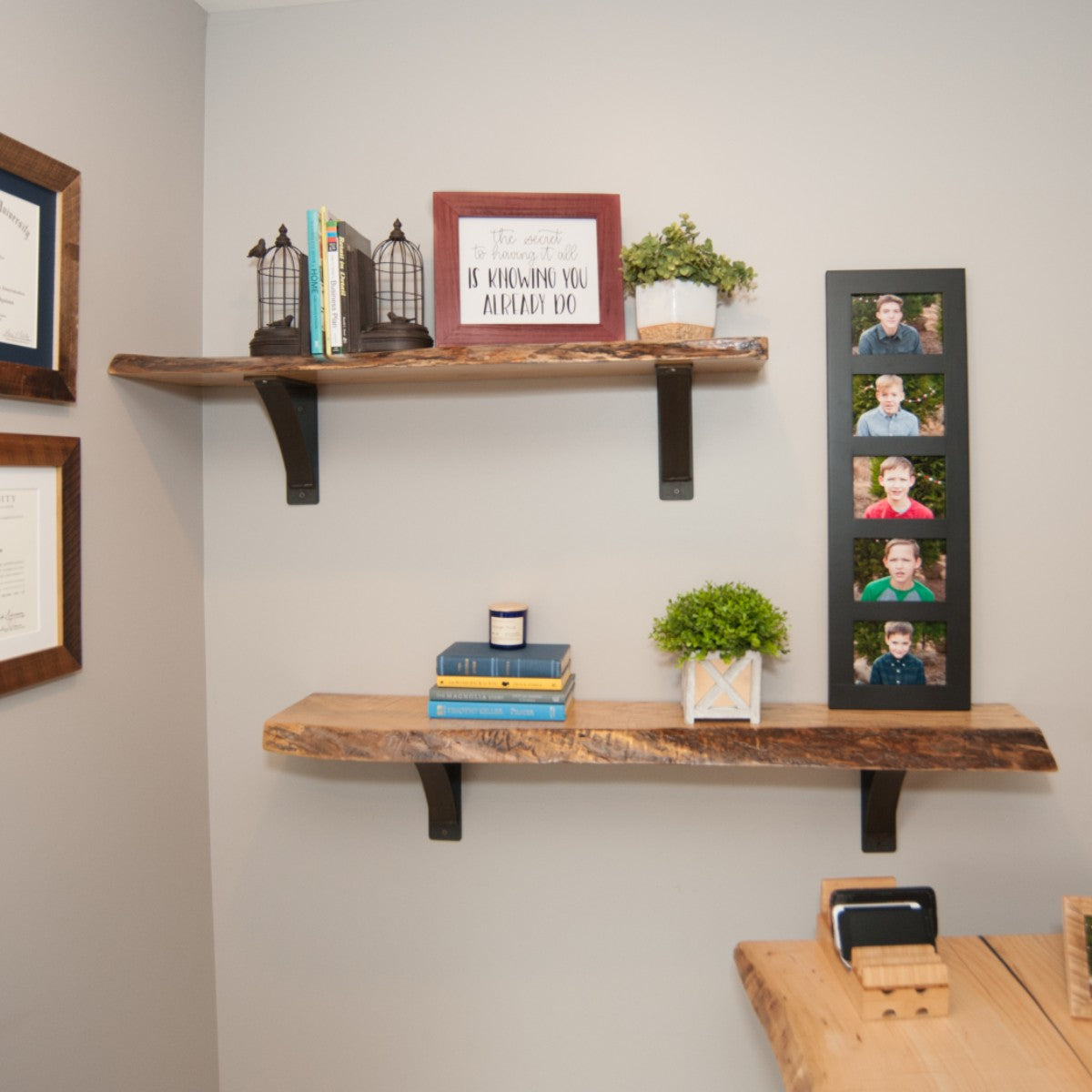 mounted live edge maple shelves with steel brackets