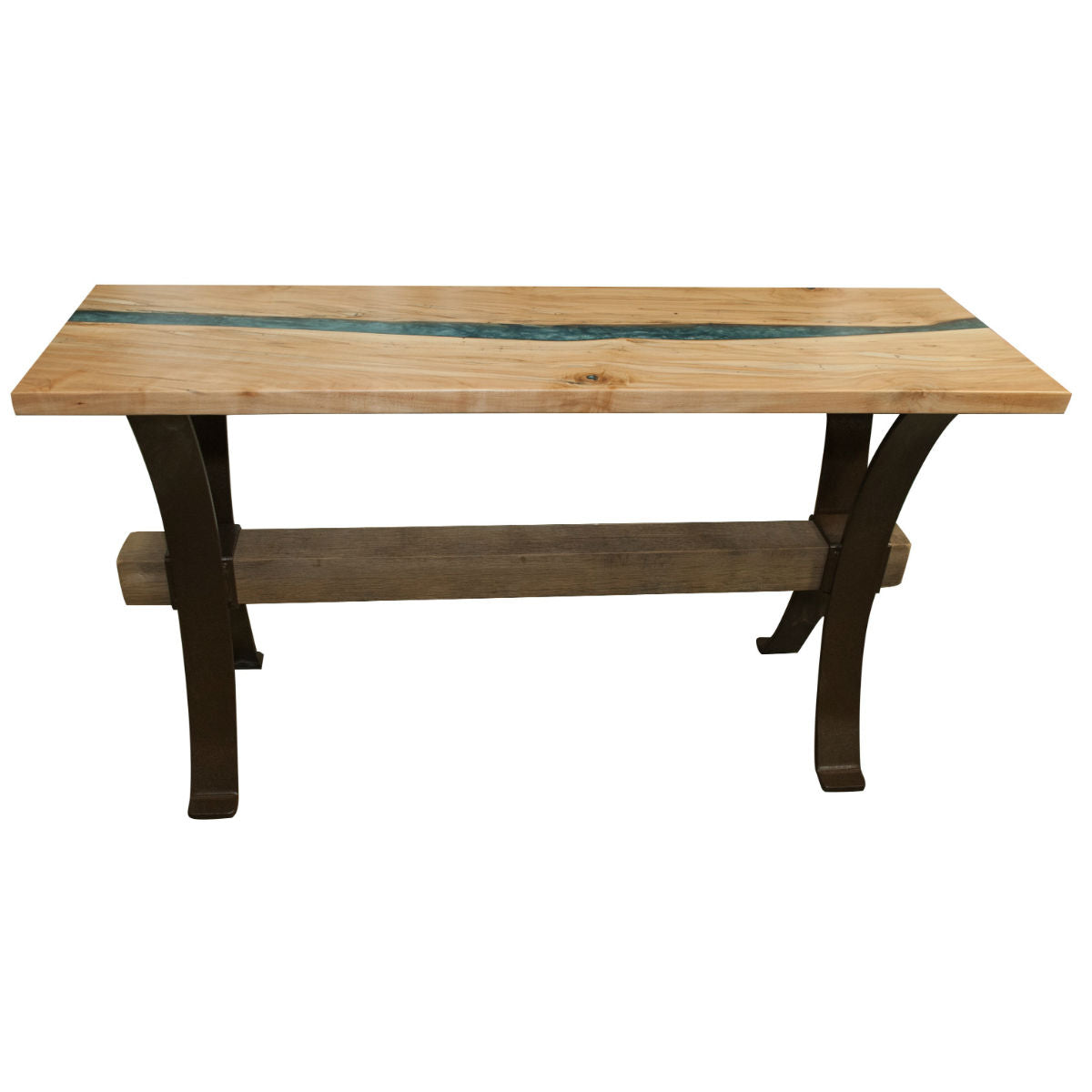 Wormy Maple Sofa Table with Steel Base, Timber Beam