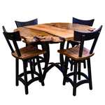 live edge oak burl pub table with bar stools