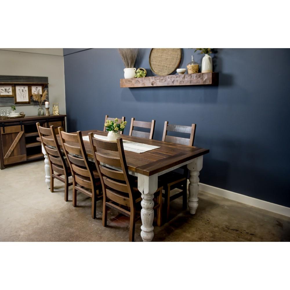 Reclaimed wood table top and white base farmhouse dining table