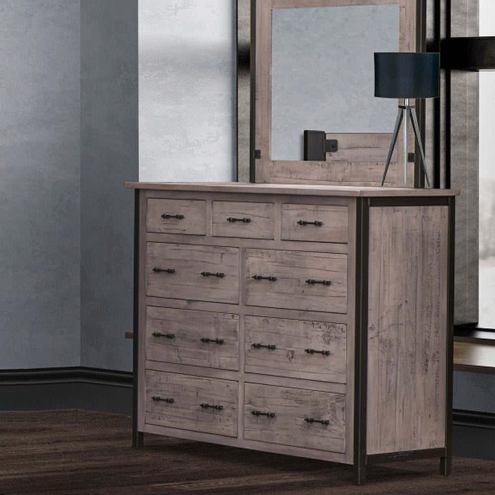 Rustic Modern Gray Dresser, 9 Drawers, Brown Maple, Whitewash finish