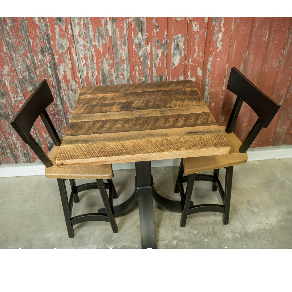 reclaimed wood pub table with steel flare base