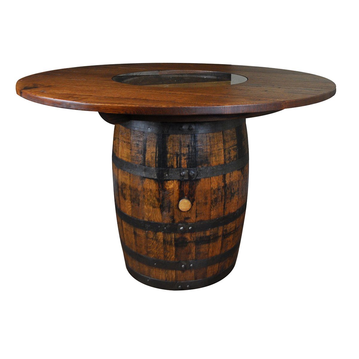 rustic whiskey barrel pub table with glass center