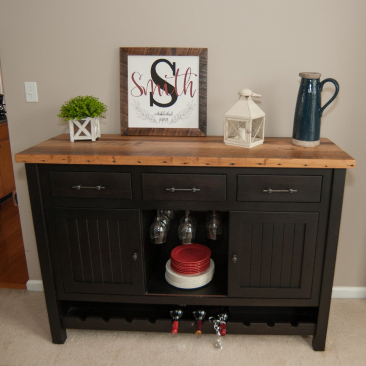 reclaimed wood buffet with wine rack