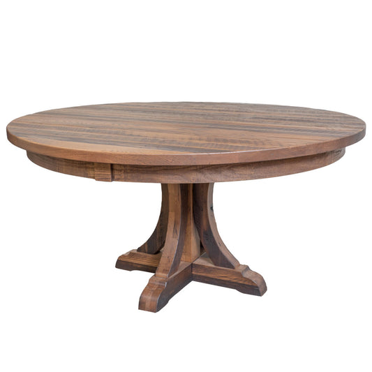 weatherby round reclaimed wood dining table trestle base